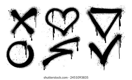 Black graffiti spray paint pattern. Spray set elements cross, cancellation, heart, checkmark, circle, lightning, triangle drips texture. Isolated background banner art decoration vector illustration
