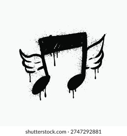 Black graffiti style musical note with wings and paint drips on a white background, symbolizing freedom and urban music culture.