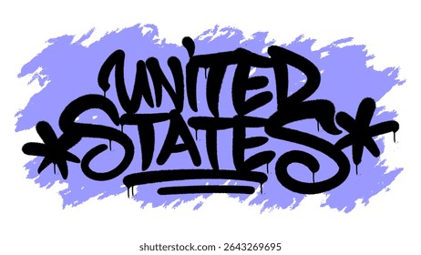 Black graffiti tag UNITED STATES with textured spray style on soft blue background. Clean, modern, and rebellious—great for patriotic urban visuals and merchandise.