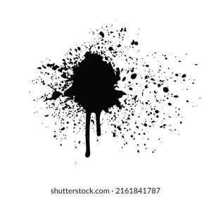 spray negro de pimienta. Luminosos puntos de forma inusual y salpicaduras. Estilo de dibujo informal, arte callejero y creatividad. Vandalismo, tinta. Elemento gráfico para el sitio web. Dibujo vectorial plano de dibujos animados