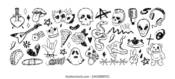 Black grafitti charcoal punk rock symbols. Hand drawn doodle rock n roll music icon with fly agaric, ace playing cards and broken heart. Chalk pencil rockstar sticker for heavy metal festival or party