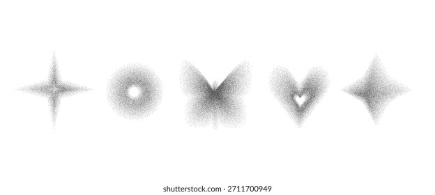 Formas de gradiente de grano negro. Conjunto de figuras de ruido de puntos Y2k. Corona, flor de mariposa puntos gradación aerógrafo elemento. Formas granuladas de Vector con patrón de puntillismo abstracto sobre fondo transparente.