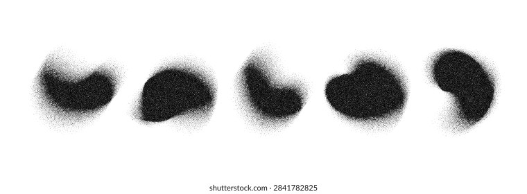 Black grain stippled organic shape set. Dotted defocused edges noise element pack. Blurry liquid blob collection. Diffuse fading gradient shadow forms bundle. Bold abstract textured spots. Vector