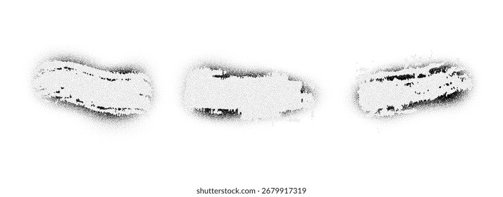 Conjunto de forma de pintura punteada granulada negra. Grunge marco de textura de arena polvorienta y paquete de borde. Colección de Anuncio de partículas de aerosol punteadas. Plantilla de ruidos ásperos mancha y mancha el Paquete. Vector