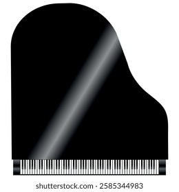 Black Grand piano from above, classical musical instrument isolated on a white background