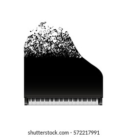 Black grand piano with flying notes, top view, vector, isolated on white