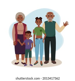 Black Grandfather And Grandmother With Grandchildren Are Standing. Happy African American Grandparents With Granddaughter And Grandson. Elderly Couple And Young Grandchildren Waving Hand.