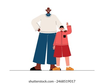 A black grandfather with a white boy, age and ethnicity differences, diversity vector illustration.