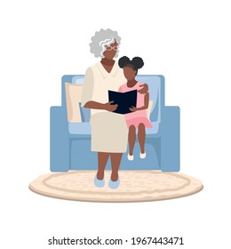 A Black Grandmother Sits In A Chair And Reads A Book To Her Granddaughter Or Teaches Him To Read. Vector Illustration In Flat Style Family And Learning.