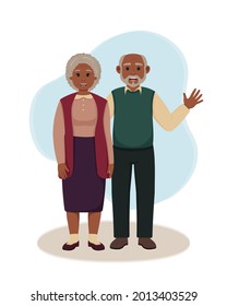 Black Grandparents Standing Together. Vector Illustration Of Happy Grandmother And Grandfather. Elderly Couple Waving Hand. African American Old Woman, Old Man