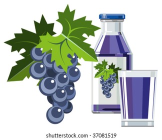 Black grape juice in bottle with grapes, leaves and glass