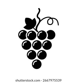 Black grapes icon with leaf and stem on white background vector graphic, simple flat design for wine, fruit, food and fresh harvest.