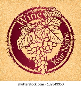 black grapes vector wine label, dirty stamp 