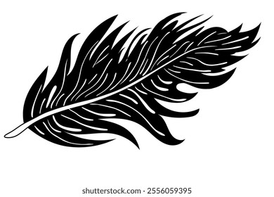 Black graphic contour drawing bird feather, logo, design. Vector design feather icon design on white background, silhouette. Vector illustration. Design for poster, banner, flyer, greeting, postcard