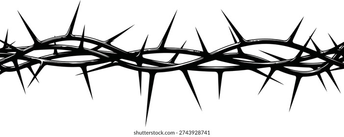 A black graphic of a crown of thorns is depicted against a stark white background. The interwoven branches are sharp and pointed, creating a stark and symbolic image.