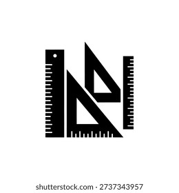 A black graphic depicting drafting tools including a ruler and triangles as a silhouette