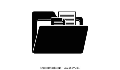 A black graphic depicts an open folder with papers inside