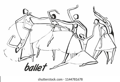 black graphic drawing ballet where the ballerinas in packs are dancing