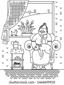 Black graphic drawing of a granny’s character in a window seat with a cat on her lap and drinking tea. Vector linear flat illustration isolated on background.