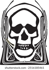 black graphic drawing of a human skull, ornament logo, tattoo