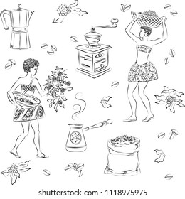 Black graphic drawing, seamless pattern, process of growing and harvesting coffee beans, as well as coffee attributes. Women pick beans in baskets. Vector illustration, isolated on background.