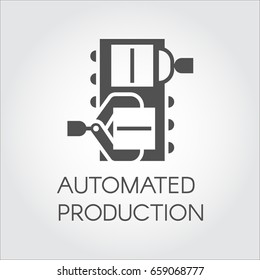 Black graphic element of grip of boxes by mechanical hands. Automated production concept. Modern equipment for factories and plants. Vector image in flat style
