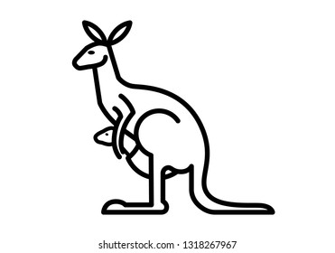 Black graphic flat symbol of Australian abstract wild animal kangaroo, mother and baby, linear silhouette, for icon, logo, print, packaging, design. Vector illustration isolated on background.