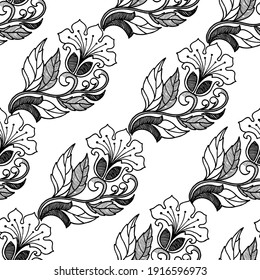 Black graphic flowers on white background. Vector seamless pattern.