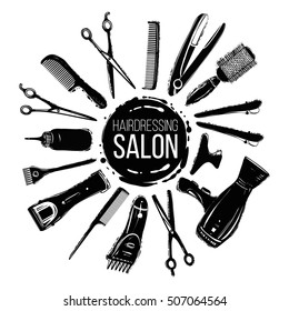 Black graphic hairdresser decorative set with beauty haircut accessories and equipment with round haircut salon logo in center. 