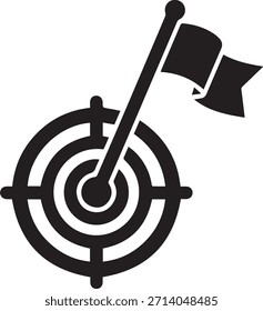 Un icono gráfico negro que representa un objetivo con círculos concéntricos y una bandera en un poste, sobre un fondo blanco.