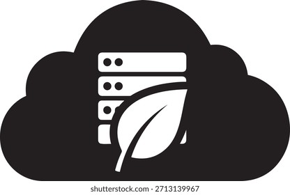 A black graphic icon depicts a cloud shape containing stacked server units and a stylized leaf.