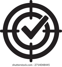 Un icono gráfico negro representa un objetivo con el punto de mira y una marca de verificación en el centro contra un fondo blanco.