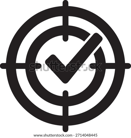 A black graphic icon depicts a target with crosshairs and a check mark in the center against a white background.