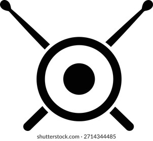 Ein schwarzes Grafiksymbol zeigt zwei Drumsticks, die diagonal über einem Zielsymbol mit konzentrischen Kreisen und einem zentralen Punkt gekreuzt sind.