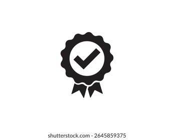 A black graphic icon featuring a circular award ribbon with serrated edges and three hanging ribbons at the bottom.
