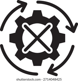 Un icono gráfico negro con un engranaje con una forma de X en el interior, rodeado por tres flechas curvas en un movimiento circular.
