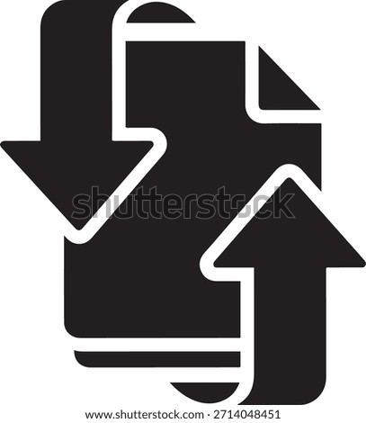 Black graphic icon showing two stacked documents with a downward arrow on the left and an upward arrow on the right.