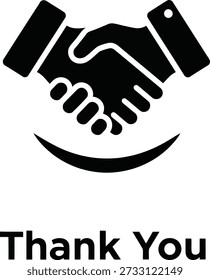 A black graphic icon of two hands shaking is positioned above the words "Thank You" in bold black lettering on a white background.