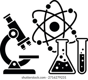 Los iconos gráficos negros representan un microscopio, un modelo atómico con esferas en órbita y dos matraces de laboratorio que contienen líquido burbujeante.