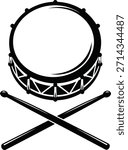 A black graphic illustration of a drum with crossed drumsticks below it against a white background.