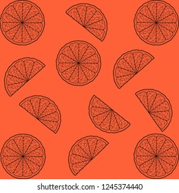 black graphic illustration of sliced citrus fruit on orange background. vector pattern 