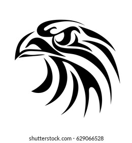 Black graphic image of an eagle head on a white background. Abstract bird with a beak. Vector illustration