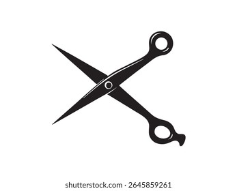 A black graphic of open scissors is centered on a clean white background.