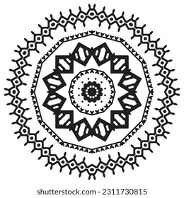 Black graphic ornated mandala in mosaic design, filigree arabesque for coloring book, stamp, black isolated on white background