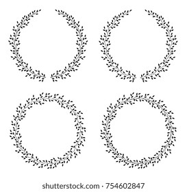 black graphic romantic wreath set with branches, leaves and background for text