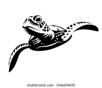 Black graphic sea turtle swimming, front view.