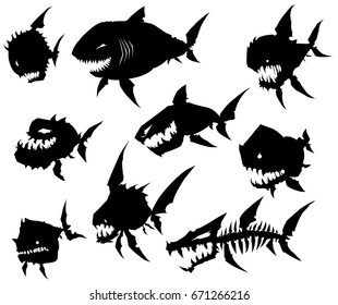 Black graphic silhouette cool monster fish on white background vector set