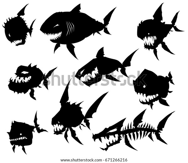 白い背景に黒いグラフィックスのシルエットのクールな怪獣魚 ベクター画像セット のベクター画像素材 ロイヤリティフリー