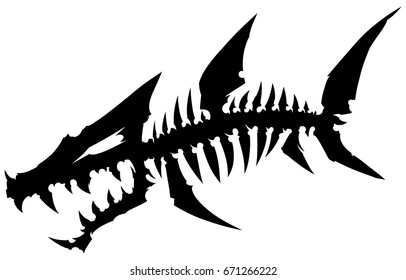 Black graphic silhouette dead monster fish skeleton with bones on white background