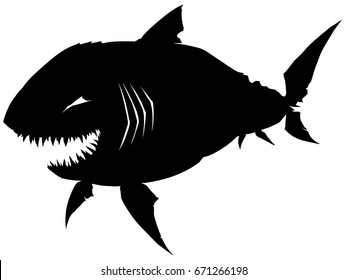 Black graphic smiling silhouette shark with sharp teeth on white background